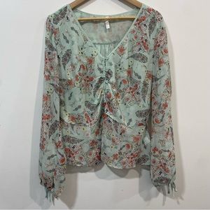 Xhilaration Floral Dainty Button Down Coastal Summer Beachy Blouse Top Size L